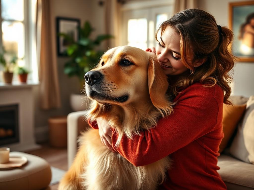 Tutora abraçando seu cachorro em casa